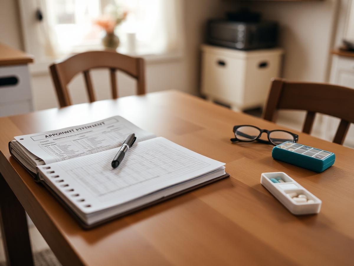 A notebook of questions beside a folder of documents