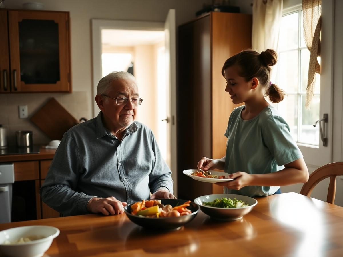 Two people talking at a kitchen table
