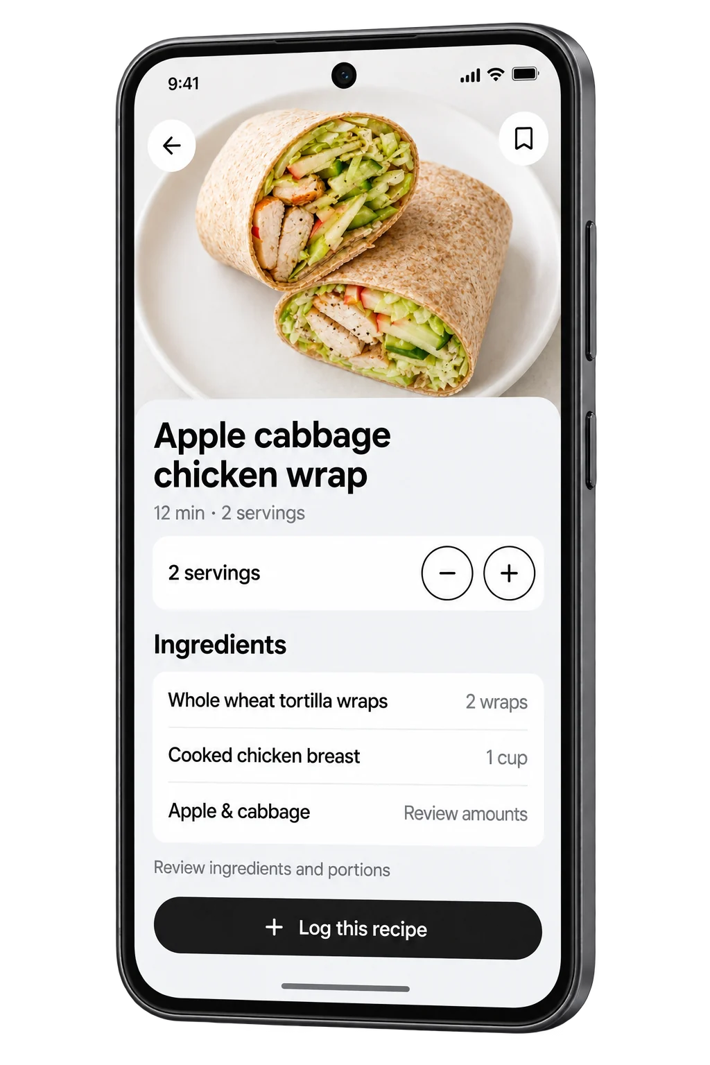 Recipe preview with apple cabbage chicken wrap, servings, ingredients, and Log this recipe