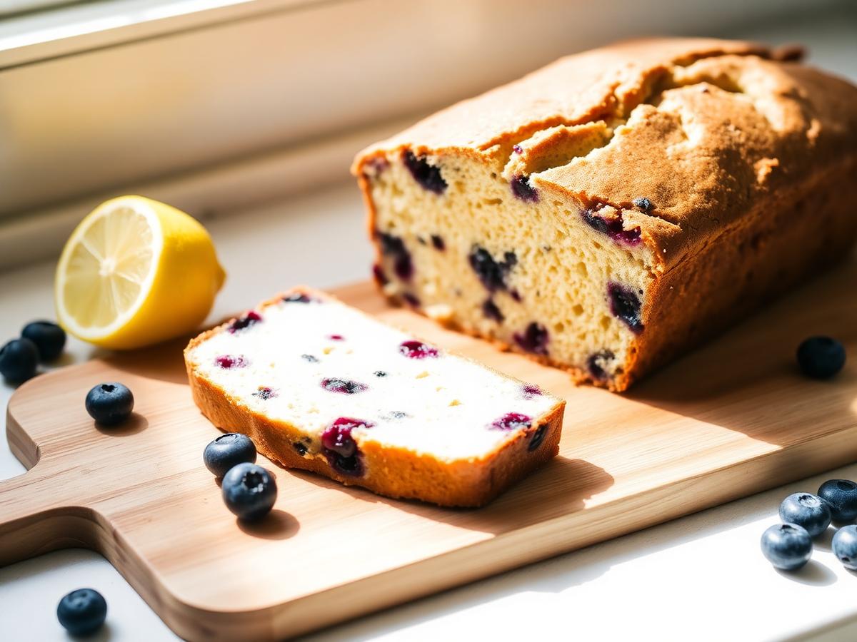 A sliced lemon and blueberry loaf on a wooden board with a lemon and a scattering of blueberries