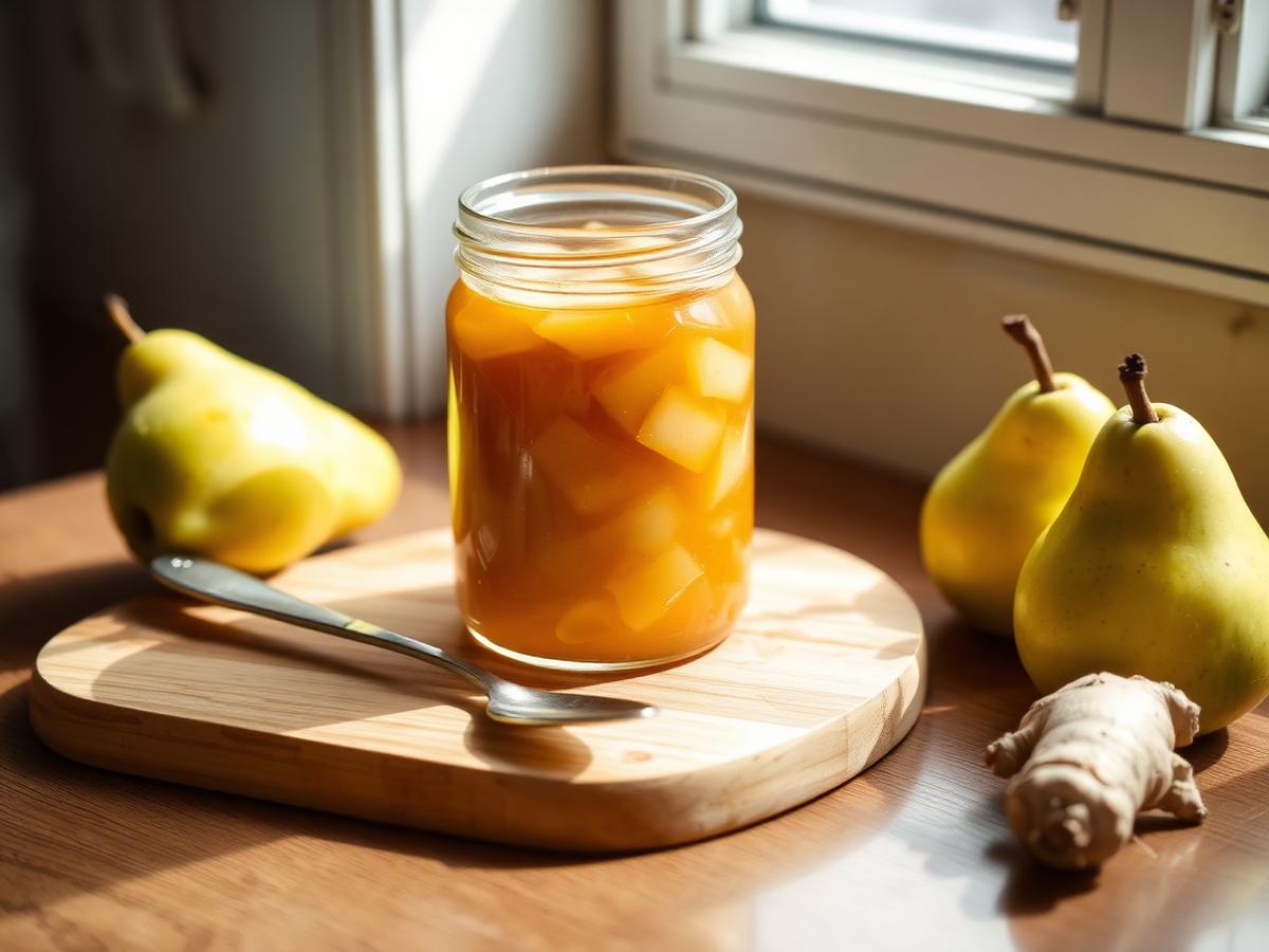 A glass jar of pear compote with a spoon on a wooden board, whole pears and fresh ginger beside it