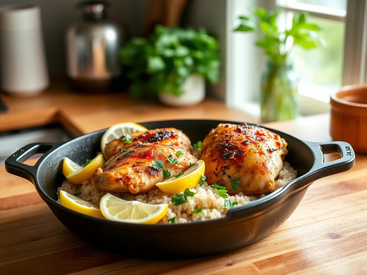 A cast-iron skillet of chicken and rice with lemon slices and chopped parsley on a wooden kitchen counter in daylight