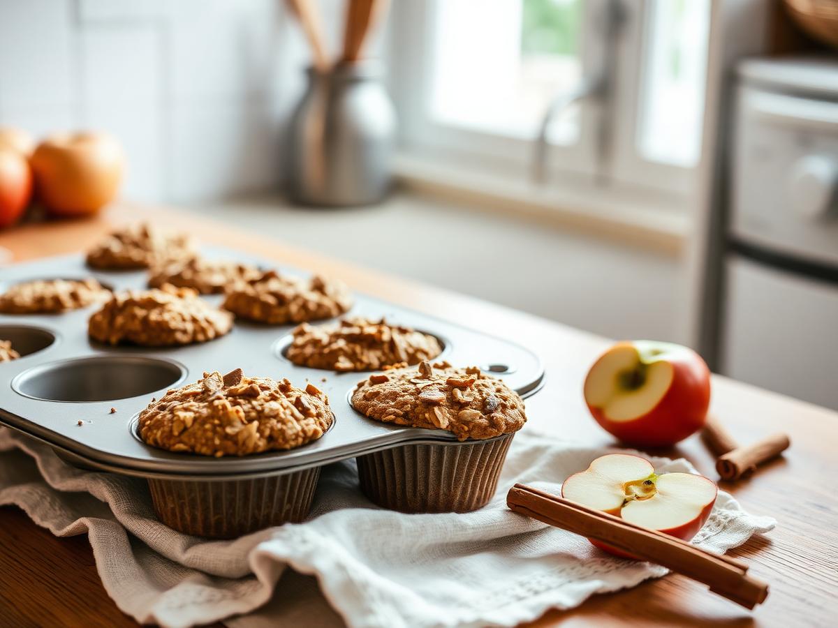 Baked oat cups in a muffin tin cooling on a kitchen towel, with a halved apple and cinnamon sticks nearby