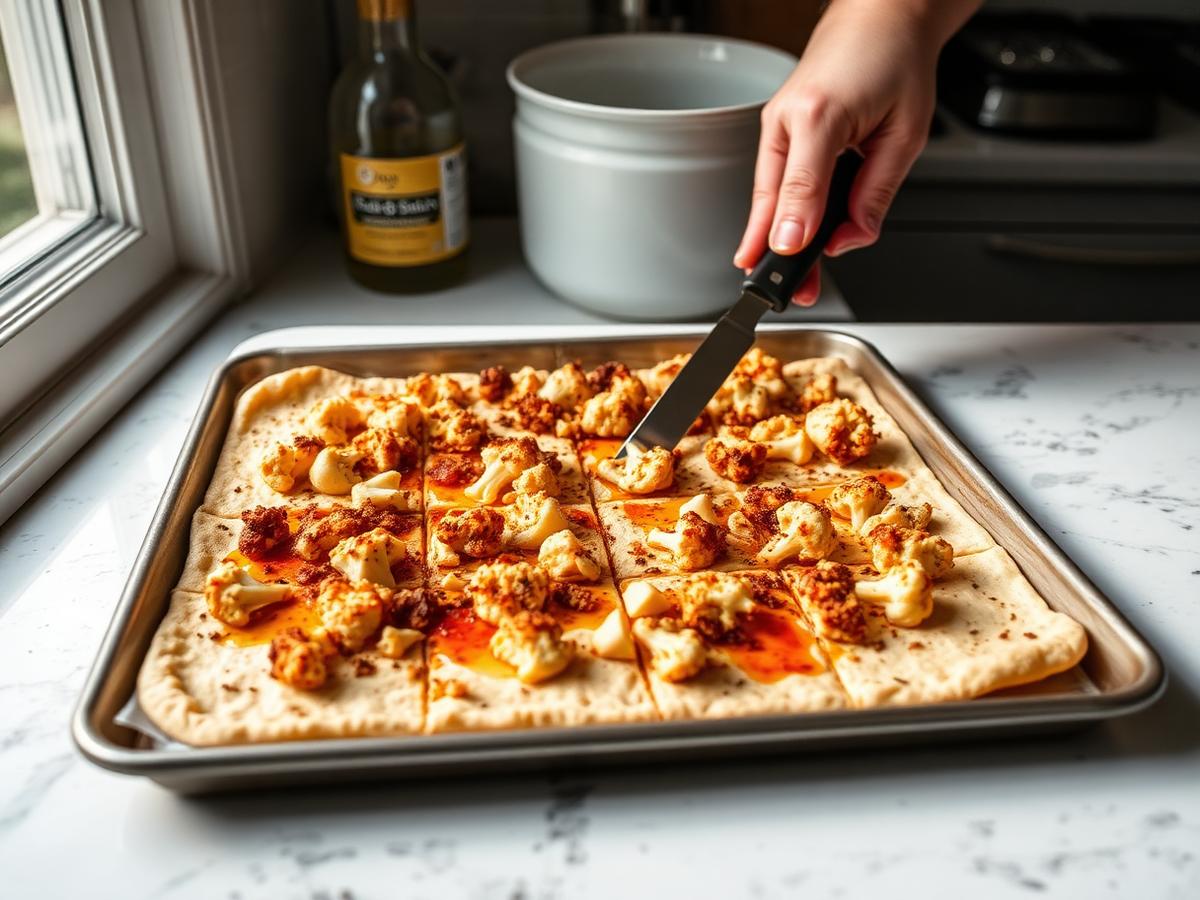 A sheet-pan flatbread topped with roasted cauliflower and paprika oil, being cut with a knife on a counter