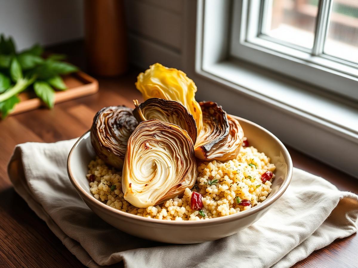 Charred cabbage wedges over herbed couscous in a shallow bowl on a linen cloth in daylight